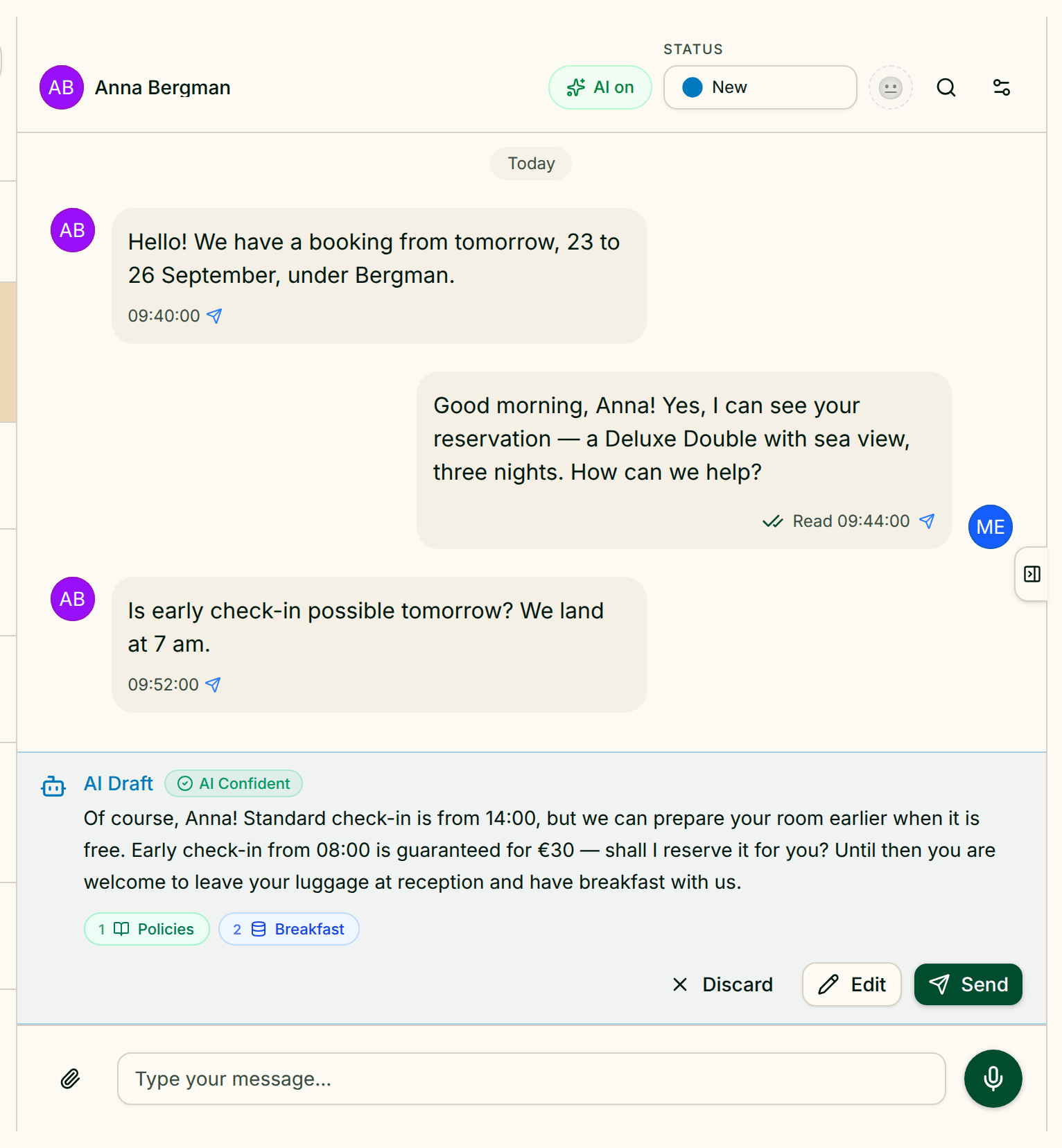Greetio inbox showing a guest conversation with an AI draft reply and its sources