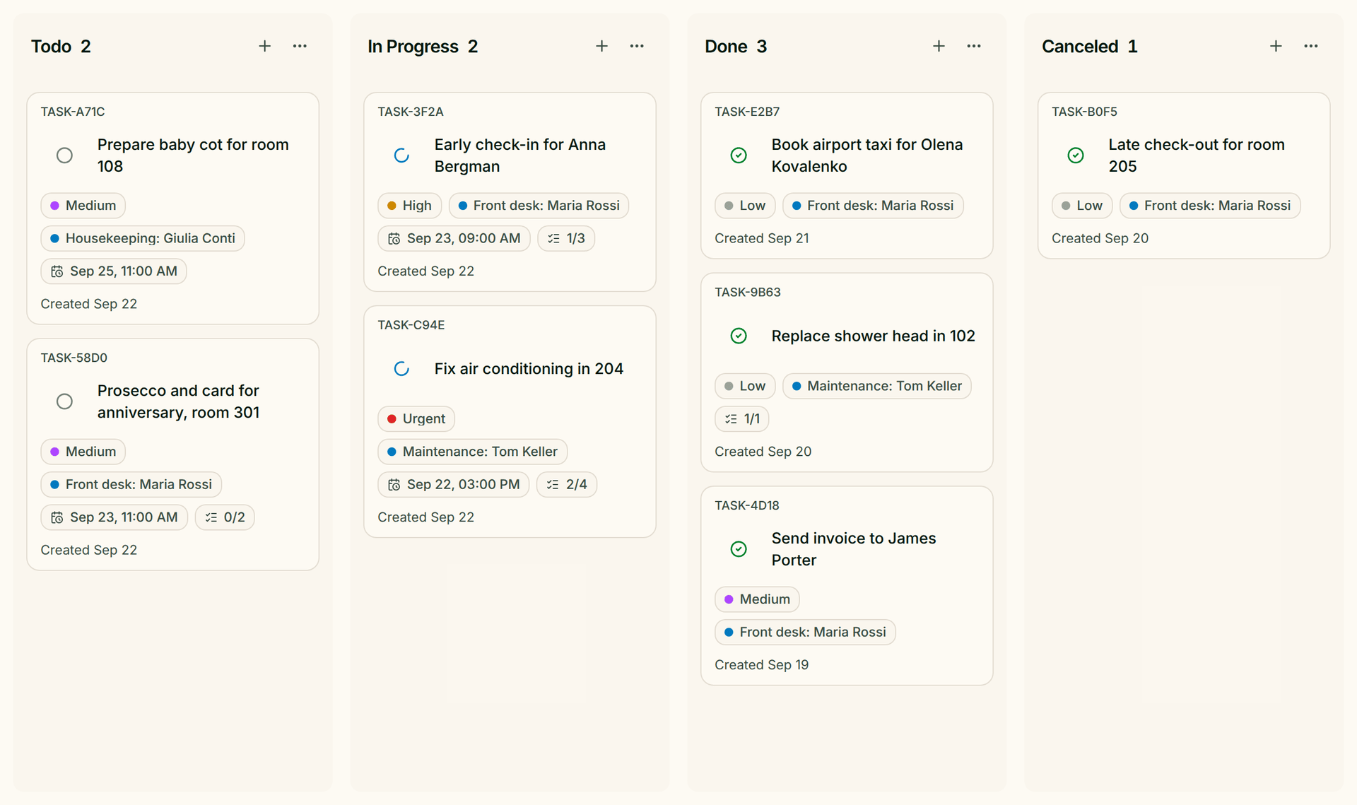 Greetio task board with guest requests by department