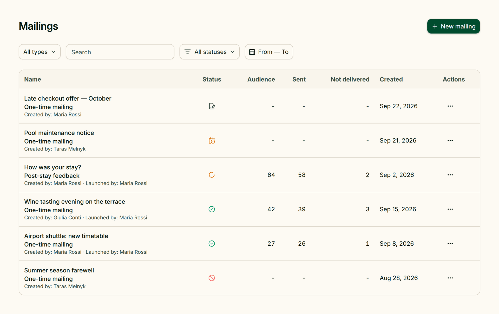 Greetio mailings list showing campaigns with audience and delivery counts