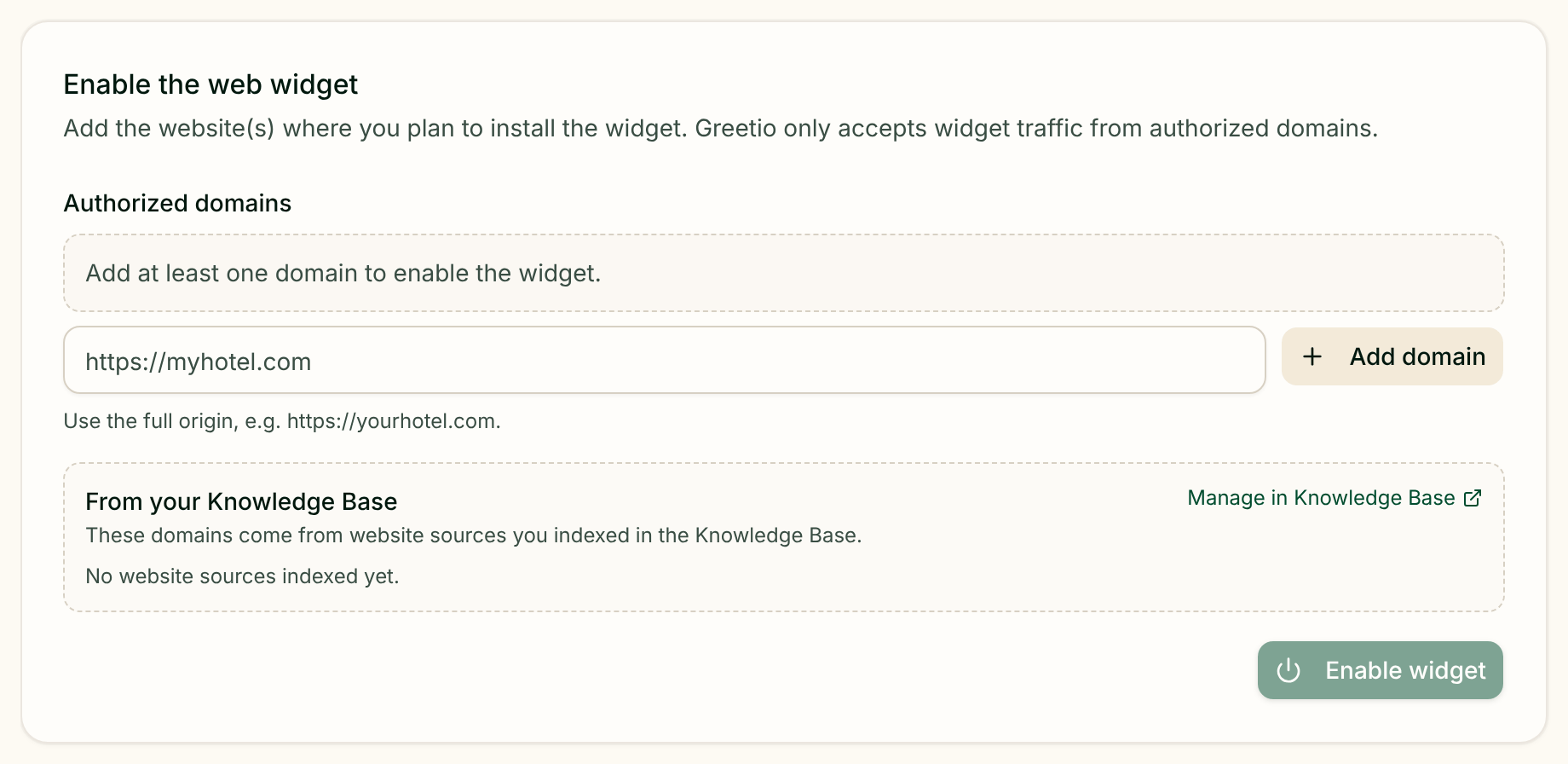 Greetio website widget domain settings